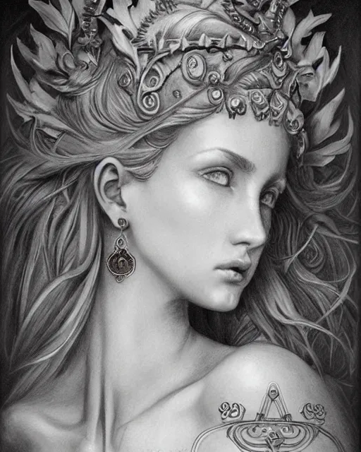 Image similar to front view of beautiful aphrodite greek goddess wearing a gold laurel wreath and triangle earrings, realism tattoo sketch, beautiful piercing eyes with sharp pupils, beautiful blonde hair, in the style of greg rutkowski, fantasy, amazing detail, epic, elegant, smooth, sharp focus