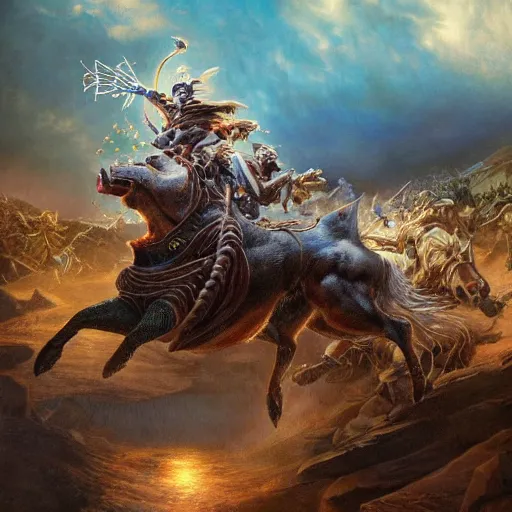 Image similar to hyperrealistic mixed media painting of Trump as a Warlord Riding a Boar, stunning 3d render inspired art by P. Craig Russell and Barry Windsor-Smith, 8k octane beautifully detailed render, post-processing, extremely hyperdetailed, intricate, epic composition, grim yet sparkling atmosphere, cinematic lighting + masterpiece, trending on artstation, very detailed, masterpiece, stunning