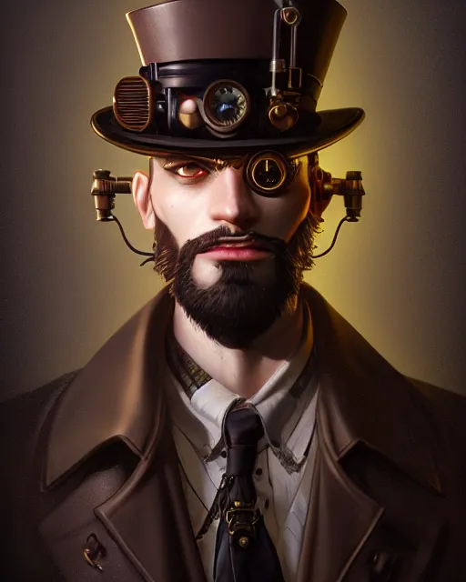 Image similar to steampunk male portrait, handsome, detective coat, steampunk monocle, complex 3 d render by ilya kuvshinov, peter mohrbacher, greg rutkowski, ryohei hase, dramatic lighting, intricate, highly detailed, sharp focus, luminous, unreal engine, blender, artstation, masterpiece, ray tracing