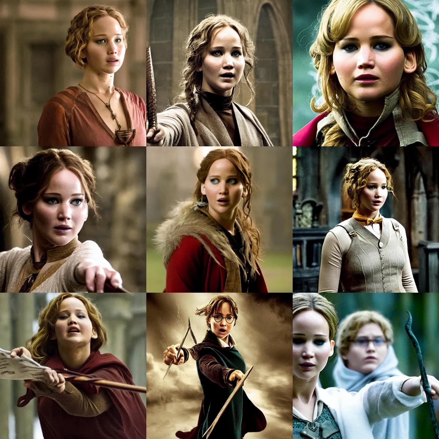 Prompt: Jennifer Lawrence as Harry Potter, film still from 'Harry Potter
