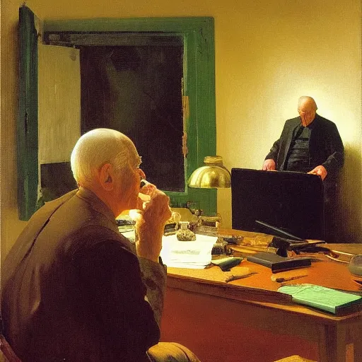 Image similar to poor grandpa trying to figure out how to send an email sitting in his small room looking at his lenovo thinkpad laptop t 4 1 0 8 gb ram jamie wyeth greg rutkowski winslow homer thomas eakins lucian freud edward hopper j. m. w. turner oil painting