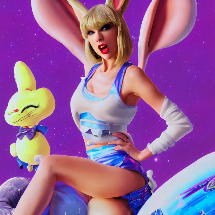 Image similar to portrait of Taylor Swift as Lola Bunny in Space Jam 1996. bunny ears. HD. intricate artwork. by Tooth Wu, wlop, beeple, dan mumford. octane render, trending on artstation, greg rutkowski very coherent symmetrical artwork. cinematic, hyper realism, high detail, octane render, 8k, iridescent accents