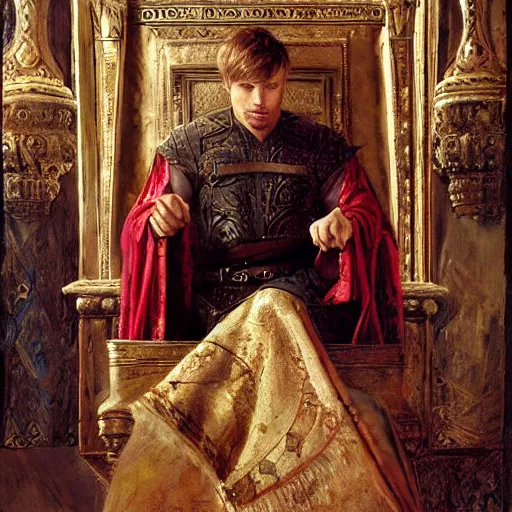 Prompt: attractive bradley james as king arthur pendragon, sat in his throne, big arches in the back, very detailed painting, by gaston bussiere, craig mullins, j. c. leyendecker