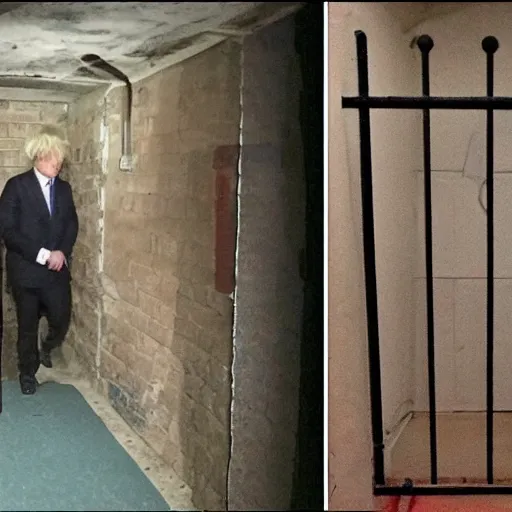 Image similar to boris johnson locked up a basement dungeon, trailcam