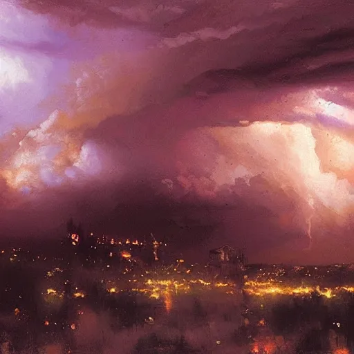 Image similar to a beautiful thunderstorm rolling over a small town, with the clouds illuminated slightly purple, ominous, eerie, craig mullins