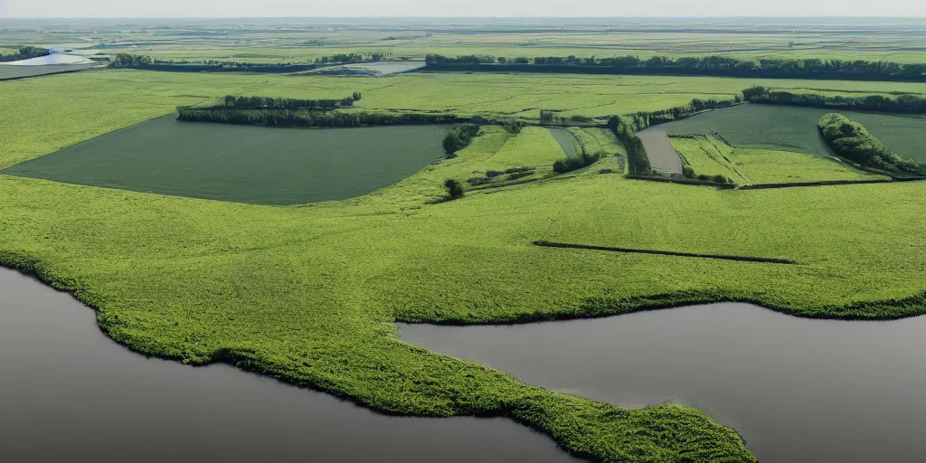 Image similar to a beautiful landscape of the Hoeksche Waard, award winning, very detailed, cinematic atmospheric masterpiece