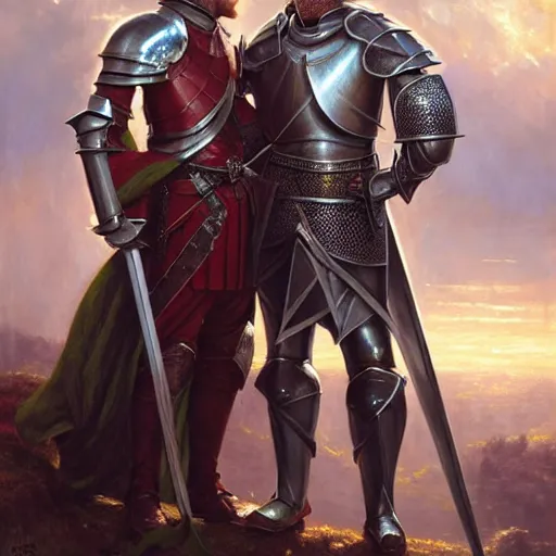 Image similar to attractive arthur pendragon and his favourite attractive male knight, they are in love, camelot, natural lighting, path traced, highly detailed, high quality, digital painting, by gaston bussiere and ross tran and j. c. leyendecker