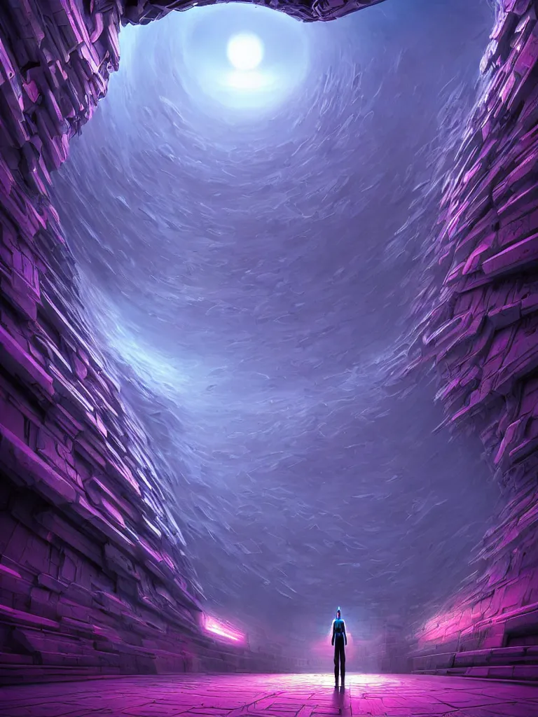 Image similar to entrance to ethereal realm, humans and robots, rendered in unreal engine, central composition, symmetrical composition, dreamy colorful cyberpunk colors, 6 point perspective, fantasy landscape with anthropomorphic!!! terrain!!! in the styles of igor morski, jim warren, and rob gonsalves, intricate, hyperrealistic, volumetric lighting, big sky, distinct horizon