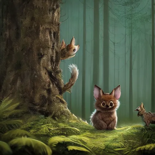 Image similar to a cute furry creature with long ears standing in a forest, michael kutsche, cinematic lighting