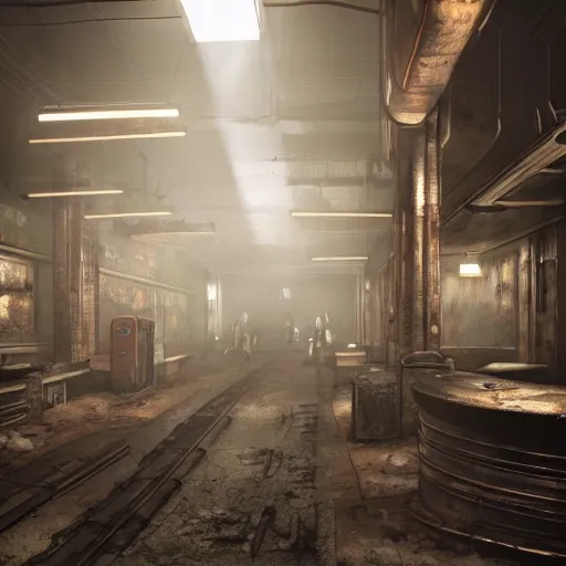 Image similar to fallout concept art subway interior render grim realistic lighting unreal engine 5