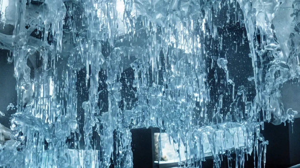 Image similar to a giant hand made of water and ice rampages through the living room, film still from the movie directed by Denis Villeneuve with art direction by Salvador Dalí, wide lens