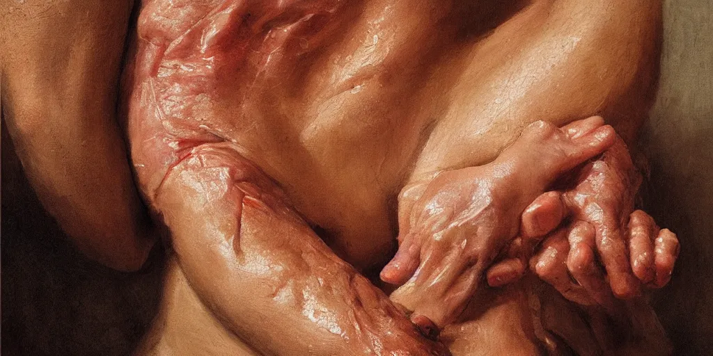 Prompt: medical detail of flesh skin painitng, wrinkles and muscle tissues, 4k, oil painting, german romanticism style, photorealistic, soft light, cinematic lighting, vibrant, shallow depth of field, macro details