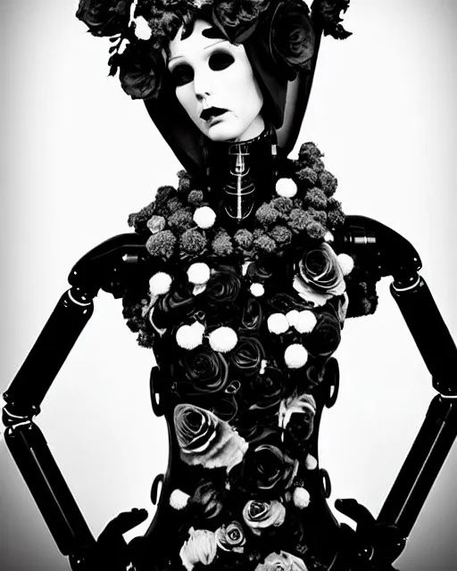 Image similar to dreamy surreal poetic black and white photo of a beautiful young bio-mechanical-female-cyborg-plastic-robot with a very long neck and a super big gothic lace collar and a very high big floral crown with many black dry roses by Vivienne Westwood:: smoke, high fashion, haute couture, rococo, avant-garde, elegant, dreamy, hyper realistic, 150 mm lens, soft rim light, octane render, unreal engine, picture was taken in 1910 by Dora Maar, volumetric lighting, dramatic light,8k,