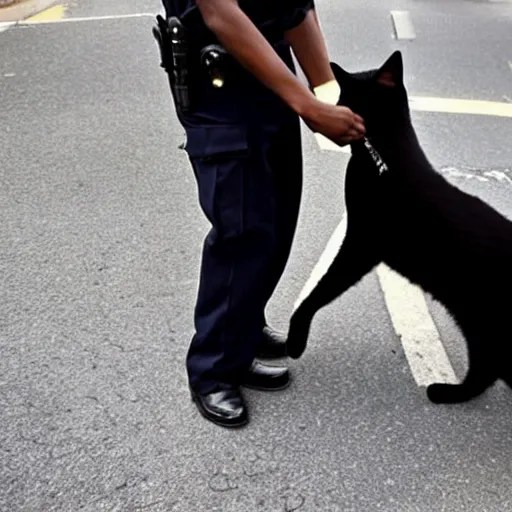 Prompt: A black cat being arrested by the police