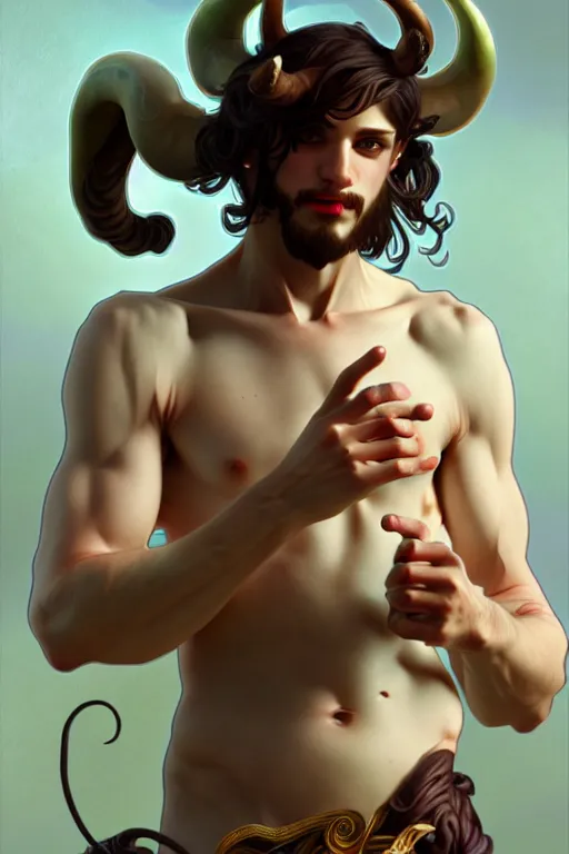 Image similar to male satyr bard, highly detailed, digital painting, artstation, sharp focus, illustration, art by tan zi and ayanamikodon and alphonse mucha and wlop