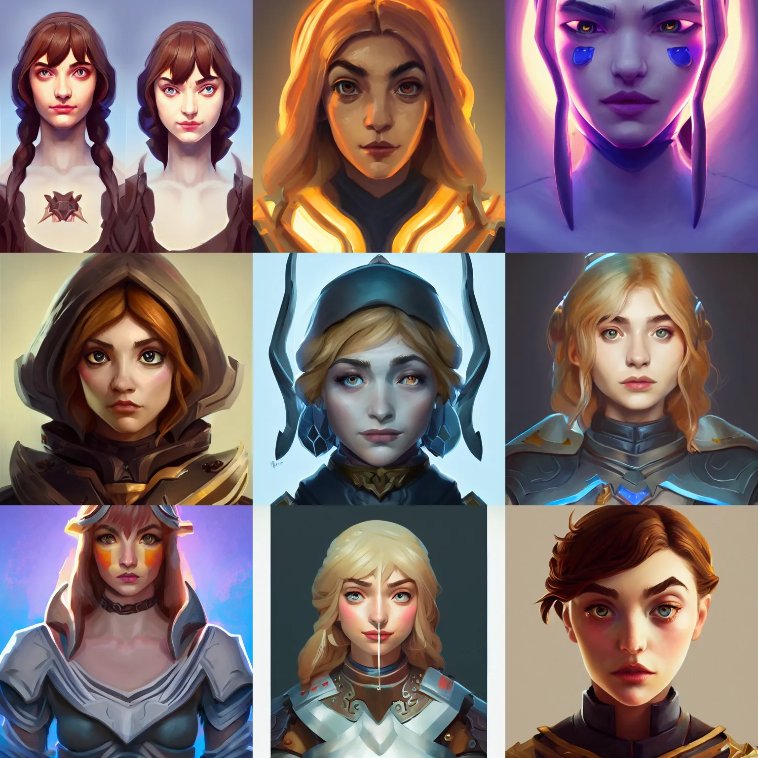 Prompt: front facing symmetrical centered painted portrait, headshot of Imogen Poots as a D&D Paladin, League of Legends character avatar, Riot Games and Arcane concept art, global illumination lighting, Pixar, trending on artstation, by lois van baarle, ilya kuvshinov, rossdraws