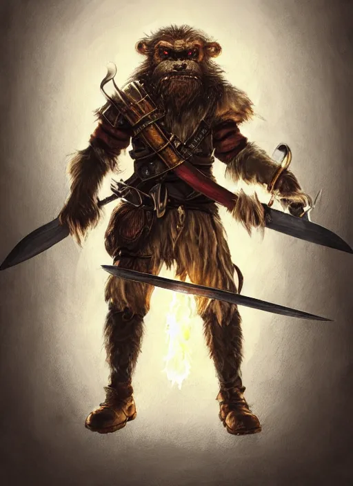 Image similar to photorealistic bugbear ranger holding sword on fire, magic, black beard, dungeons and dragons, pathfinder, roleplaying game art, hunters gear, jeweled ornate leather and steel armour, concept art, character design on white background, by sargent, norman rockwell, makoto shinkai, kim jung giu, artstation trending, poster art, colours red