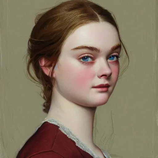 Image similar to professional painting of Elle Fanning in the style of Asher Brown Durand, head and shoulders portrait, symmetrical facial features, smooth, sharp focus, illustration, intricate, stormy weather, extremely detailed masterpiece,