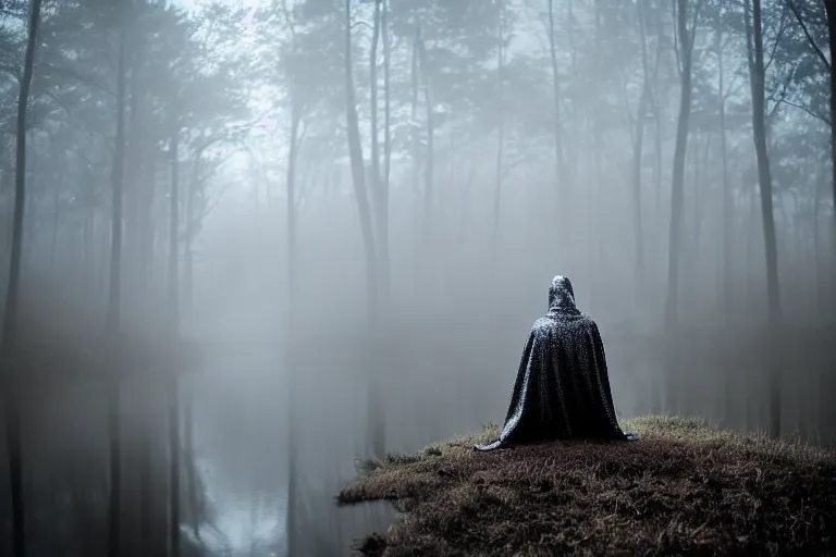 Image similar to hooded knight in a cape and shiny armour meditating in a foggy forest at dusk by a river professional photography, elegant, highly detailed, sharp focus