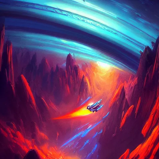 Image similar to a beautiful and vivid and colorful andreas rocha fantasy sci - fi acrylic paint illustration. a warp drive reaching infinite density. trending on artstation