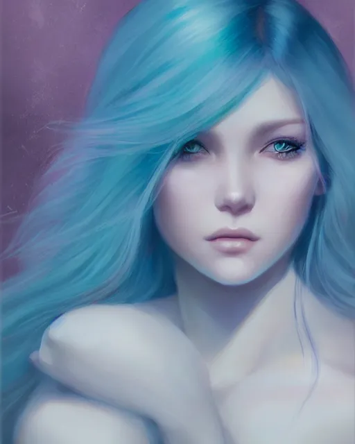 Prompt: Portrait by Charlie Bowater and Ross Tran, blue hair, soft colors, pastels