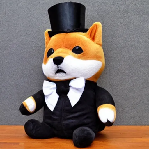 Prompt: a shiba plush wearing a top hat