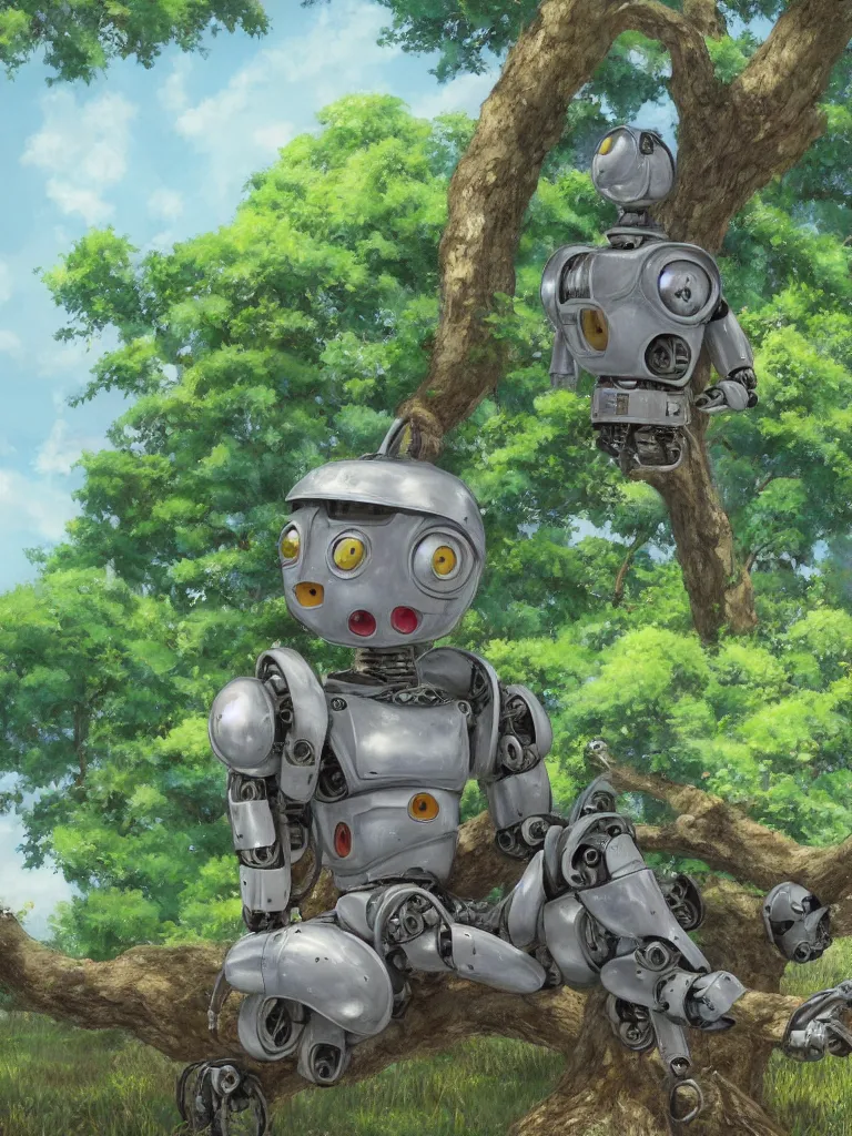 Prompt: award winning hyper-realistic portrait painting of a rustic robot sitting under a tree, film still in the style of Studio Ghibli, by Hayao Miyazaki, high quality, detailed, 8k, amazing, single robot