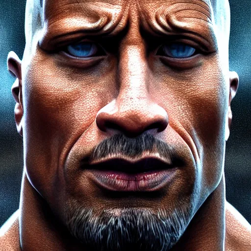 Image similar to close up of Dwayne Johnson, depth of field, 8k, 35mm film grain, unreal engine 5 render dramatic, intricate, elegant, highly detailed, digital painting, artstation, concept art, smooth, sharp focus, illustration, octane render, art by Leesha Hannigan, Ross Tran, Thierry Doizon, Kai Carpenter, Ignacio Fernández Ríos