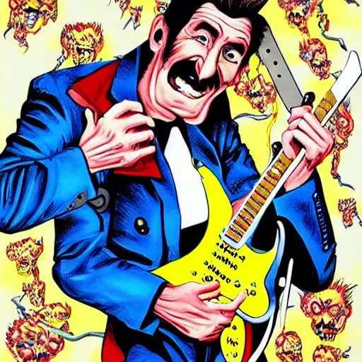 Image similar to Barry Chuckle Shredding on an electric guitar in the style of Jason Edmiston and Gary Panter