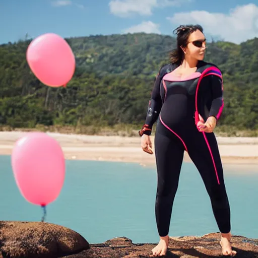 Prompt: woman with balloon body wearing a wetsuit