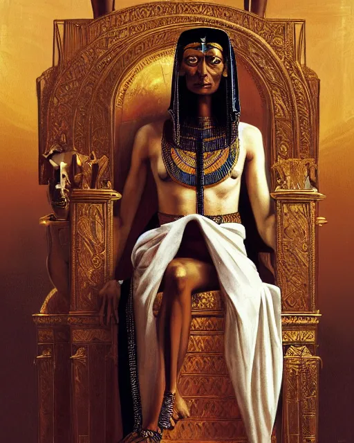 Prompt: tilda swinton as a dark - skinned egyptian pharao sitting on a throne, intricate, elegant, highly detailed, digital painting, artstation, concept art, matte, sharp focus, illustration, art by anders zorn and greg rutkowski and alphonse mucha