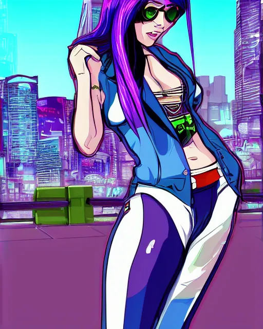 Image similar to cel shaded art of a pretty blue haired girl standing next to a purple lamborghinil, jet grind radio graphics, cyberpunk city street background