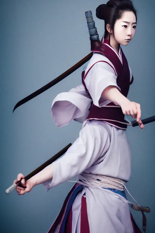 Image similar to highly detailed beautiful photo of a young female samurai, practising sword stances, symmetrical face, beautiful eyes, realistic anime art style, 8 k, award winning photo, pastels, action photography, 1 / 1 2 5 shutter speed, dramatic lighting