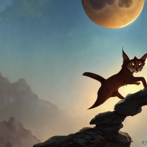 Image similar to Illustration of cute caracal chasing the moon through the sky, league of legends, LOL, fantasy, d&d, digital painting, artstation, concept art, sharp focus, illustration, art by greg rutkowski and alphonse mucha