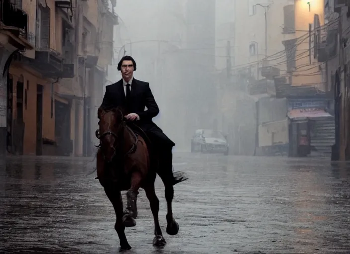 Image similar to first official image from bond 2 6, starring adam driver as agent 0 0 7, riding a horse through the streets of valparaiso, chile in heavy rain. directed by alejandro inarritu. stunning cinematography, kodak vision 2 0 0 t, high contrast, anamorphic lens, chromatic aberration.