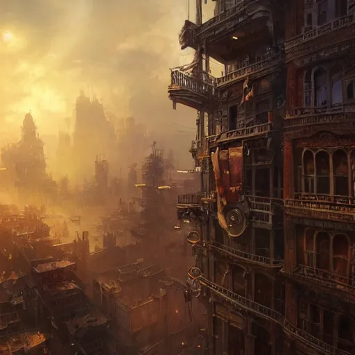 Prompt: steampunk city, sunrise, landscape, intricate, detailed, volumetric lighting, scenery, digital painting, highly detailed, artstation, sharp focus, illustration, concept art, ruan jia, steve mccurry