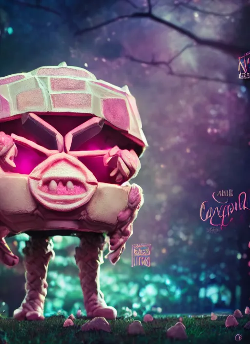 Image similar to Krang standing with black jar, enchanted, magical, cotton candy trees, cinematic shot, intricate, ornate, photorealistic, ultra detailed, realistic, 100mm, photography, octane, high definition, depth of field, bokeh, 8k, behance, artstation