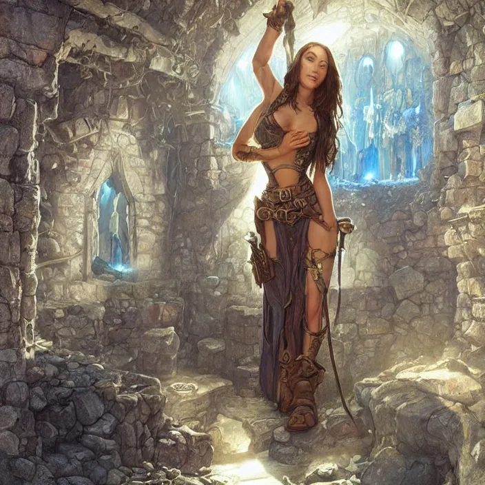 Image similar to megan fox in a digital painting of a medieval fantasy dungeon room by justin gerard, paul bonner, highly detailed, pale blue backlight, digital art, artstation hd by artgerm, greg rutkowski, alphonse mucha