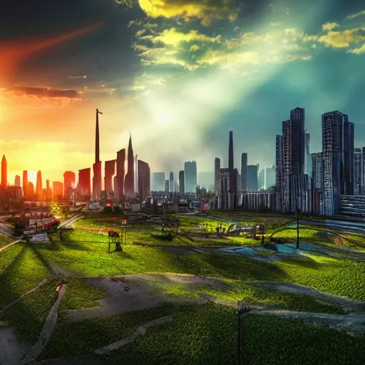 Image similar to photo of a real solarpunk city, sunset, hdr wide shot god rays