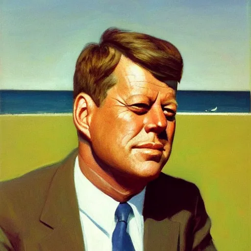 Image similar to portrait of john f kennedy, older, graying hair, standing on a beach, oil on canvas by edward hopper 1 9 8 0