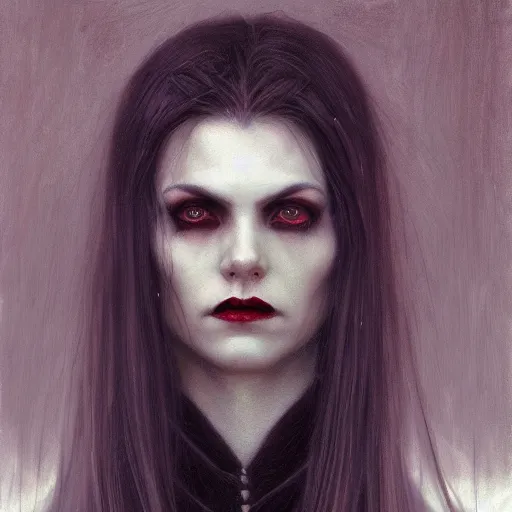 Image similar to portrait of a lady vampire, 35mm, depth of field ominous, sharp, detailed, photorealistic, high definition, 4k, artstation, donato giancola, Greg Rutkowski, matthew benedict, character design