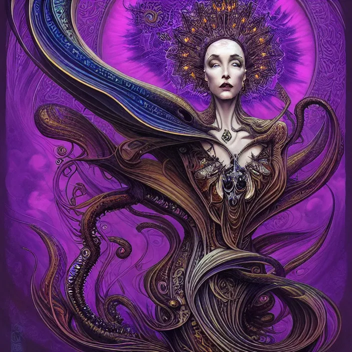 Image similar to depicting a beautiful lovecraftian female priestess, in the style of joe fenton, dynamic energetic pose, exuberant organic elegant forms, by karol bak and filip hodas : : 1. 4 purple, red, blue, green, black intricate mandala explosions : : intuit art : : turbulent energy backdrop : : damask wallpaper : : atmospheric