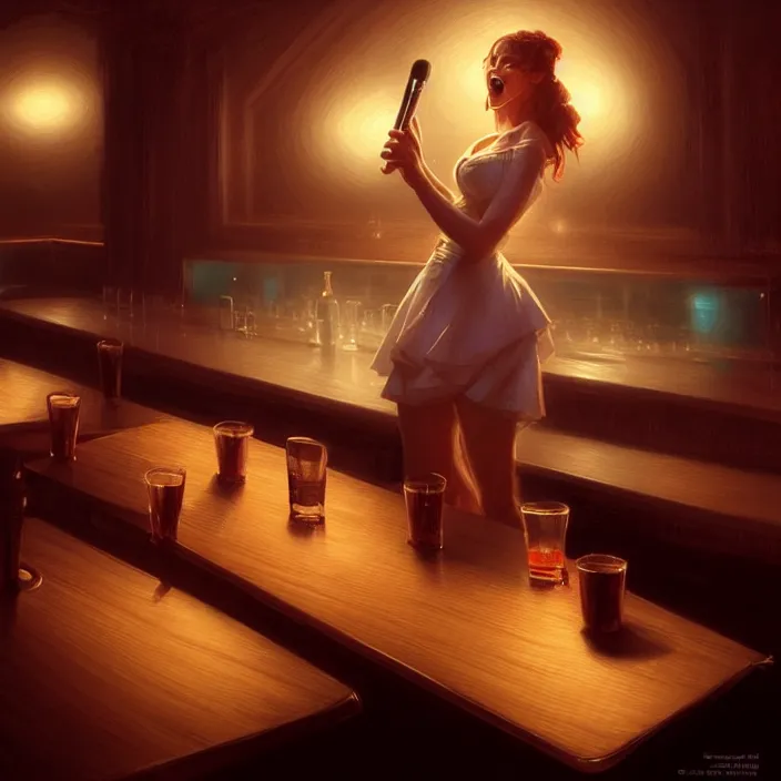 Prompt: waitress singing on a table in a nightclub, elegant, real life skin, intricate artwork, high detailed, artstation, concept art, smooth, sharp focus, art by artgerm and greg rutkowski