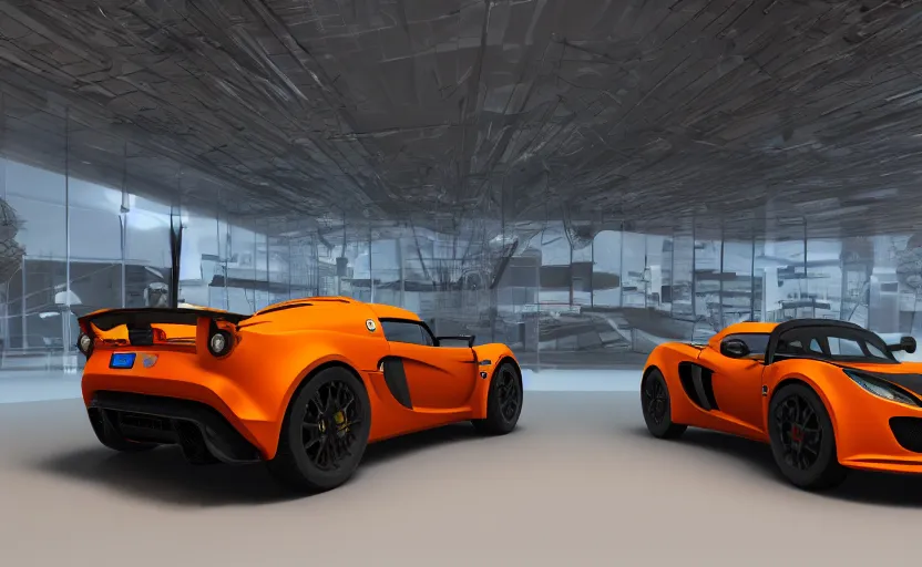 Image similar to futuristic lotus exige ( ( orange ) ) parked within interior view of futuristic auto showroom ( ( frank lloyd wright ) ) luminescent concept art, unreal engine 5, artstation highly detailed, digital art, 8 k hdr, soft lighting, hyperrealistic, godrays