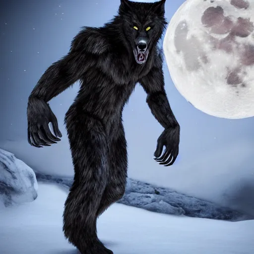 Image similar to male werewolf transformation at night with black realistic fur, under the moon, ultra detail, ultra realistic, 8 k