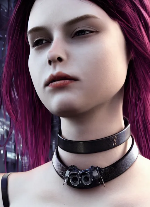 Image similar to detailed realistic female character cyberpunk wearing thick technological collar around neck, realistic, art, beautiful, 4K, collar, choker, collar around neck, punk, artstation, detailed, female, woman, choker, cyberpunk, punk, collar, choker, collar around neck,