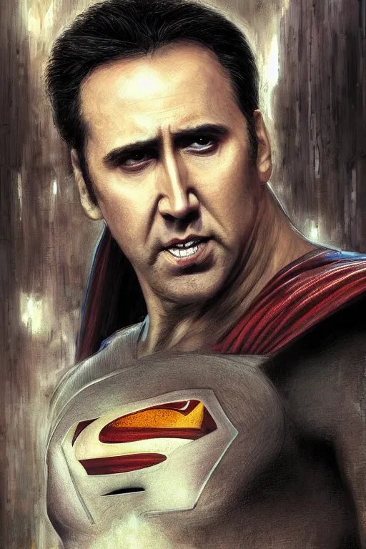 Image similar to Portrait of Nicolas Cage as superman, DC, dark fantasy, intricate, smooth, artstation, painted by Wayne Barlowe, Greg Rutkowski, Zdislav Beksinski