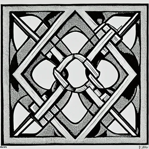 Prompt: an ornate illustration in the style of mandalic escher, showing a geometric knot in a wheat field