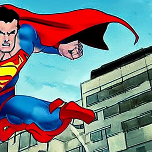 Prompt: stan lee throws superman through a building