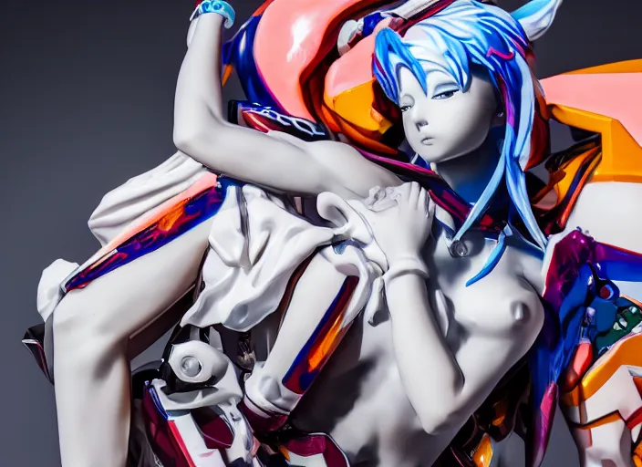 Image similar to extremely beautiful photo of a white marble statue of an anime girl with colorful motocross logos and motorcycle helmet with closed visor, colorful smoke in the background, carved marble statue, fine art, neon genesis evangelion, virgil abloh, offwhite, denoise, highly detailed, 8 k, hyperreal